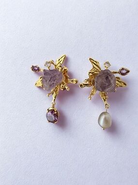 Gold-Plated Amethyst Assymetrical Crystal & Pearl Drop Earrings - Women Jewelry
